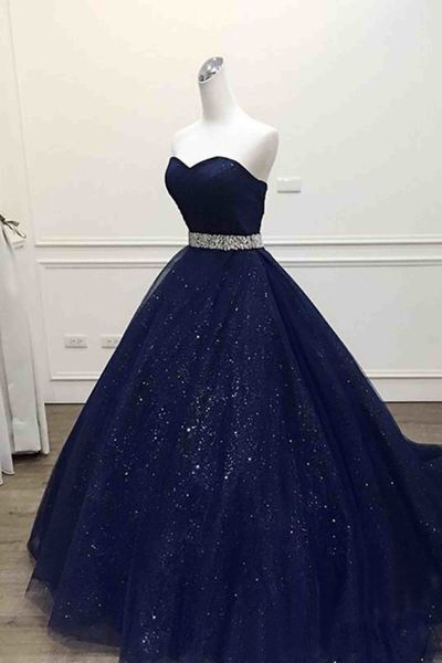 Dark Blue Prom Dresses,tulle Prom Dresses,sweetheart Prom Dresses,sequins Floor-length Prom Dresses.ball Gown Prom Dress, Quinceanera