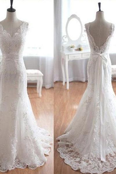Popular Wedding Dresses, Elegant Wedding Dresses, V-Neck Wedding Dresses, Long Wedding Dresses, Mermaid Wedding Dresses, White Lace Bridal Gown, Wedding Party Dresses, Wedding Dresses