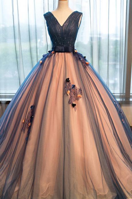 Pretty Prom Dresses,tulle Prom Dresses,v-neck Prom Dresses With Applique, A-line Long Evening Dresses ,ball Gown Prom Dress,prom Dress