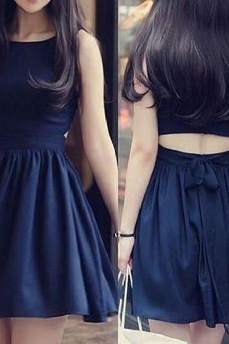 Classic Homecoming Dresses,Bateau Homecoming Dress,Sleeveless Homecoming Dresses,Short Homecoming Dress,Navy Blue Homecoming Dress, Open Back Homecoming Dresses with Bowknot