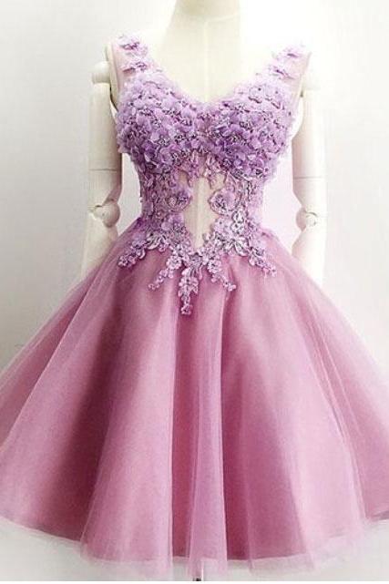 Lilac Homecoming Dresses,Tulle Homecoming Dress with Appliques, V-neck Homecoming Dresses,Short 2017 Hoco Dresses,Short Homecoming Dress,Mini Prom Dresses