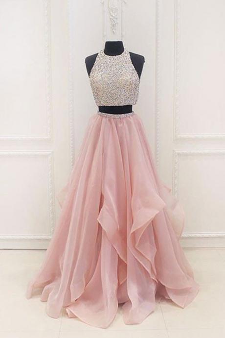 Pink Prom Dresses,chiffon Prom Dress, Two Pieces Prom Dresses,sequins Prom Dress,a-line Prom Dresses,beading Prom Dresses, Long Evening