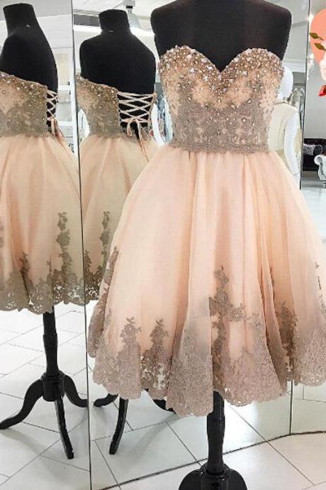 Peach Homecoming Dress With Appliques, Beading Homecoming Dresses,sweetheart Homecoming Dress,short Homecoming Dress,cute Homecoming
