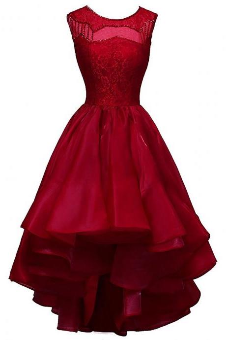 A-line Prom Dresses, Scoop Neck Prom Dress,organza Prom Dresses,lace Prom Dress,asymmetrical Prom Dresses,sequins Prom Dress,burgundy Prom