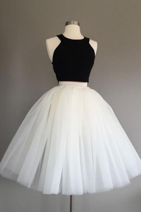 Two Piece Homecoming Dress,Halter Homecoming Dresses,Knee-Length Homecoming Dress,Short Homecoming Dress,Sleeveless Homecoming Dress,Black Ivory Homecoming Dresses,Tulle Homecoming Dress