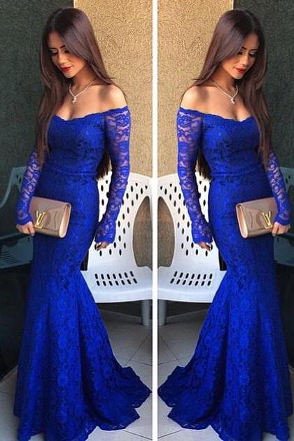 Royal Blue Prom Dresses,Lace Evening Dress,Sexy Prom Dress,Prom Dresses With Long Sleeves,Charming Prom Gown,Mermaid Fashion Evening Gowns for Teens