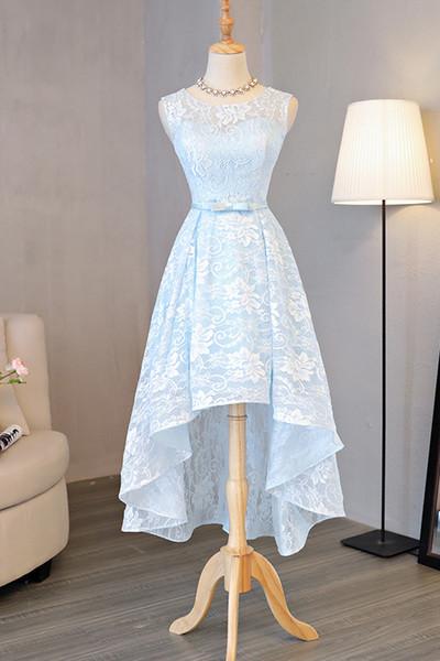 Light Blue Homecoming Dresses,lace Homecoming Dress,round Neck Prom Dresses,high Low Homecoming Dresses,halter Prom Dress, Bow Homecoming