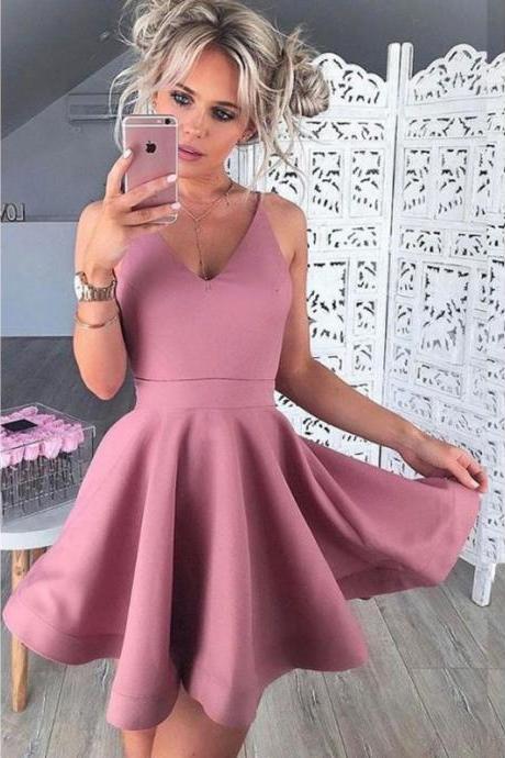 V-neck Homecoming Dress,Satin Homecoming Dress,Simple Homecoming Gown,Mini Party Dresses,Short Prom Dresses,Girls Graduation Dresses,Cute Homecoming Dress