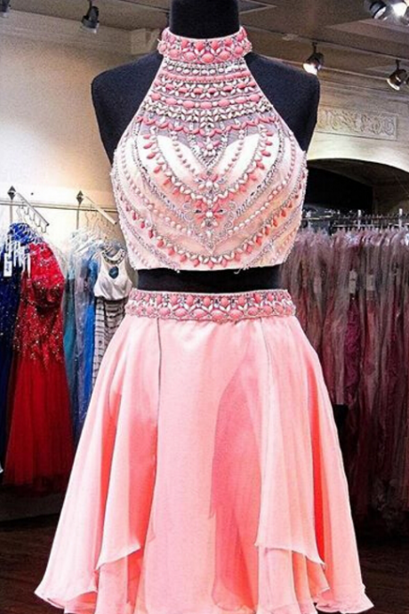 Beading Homecoming Dresses, Two Pieces Prom Dress,short Prom Dresses,2 Pieces Homecoming Dresses,pink Homecoming Dress,high Neck Prom Gowns