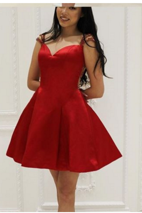 Red Prom Dress, Red Homecoming Dress, Short Prom Dress Satin Homecoming Dress, Beads Short Party Dress,Sexy Homecoming Dresses