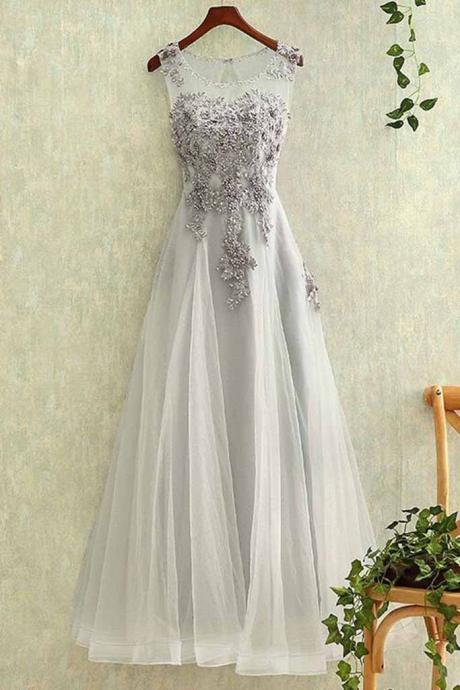 Gray Prom Dresses,Tulle Prom Dress,Round Neck Prom Dress,A Line Evening Dresses,Lace Prom Dress,Applique Prom Gown,See-through Evening Gown,Long Prom Dresses