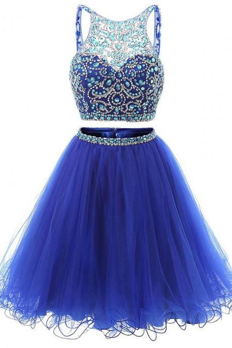 Jewel Neck Illusion Sequins Crystal Prom Dress,shining Cocktail Dresses,two Piece Homecoming Dresses,backless Prom Dress,short Prom Dress, Royal