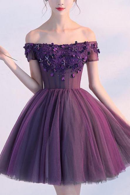 Cute Homecoming Dress,purple Homecoming Dress,purple Prom Dresses,a Line Homecoming Dress,off-shoulder Homecoming Dresses,appliques Homecoming