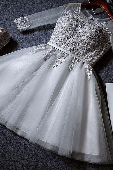 Gray Homecoming Dresses,appliqued Homecoming Dress,a Line Homecoming Dresses,tulle Prom Dress,half Sleeves Homecoming Dresses,short Prom Dress