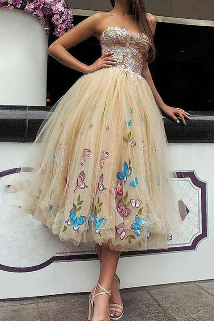 Champagne Prom Dresses,Tea Length Prom Dress,Tulle Homecoming Dress,Ball Gown Prom Dresses,Lace Top Prom Gown,Strapless Prom Dresses