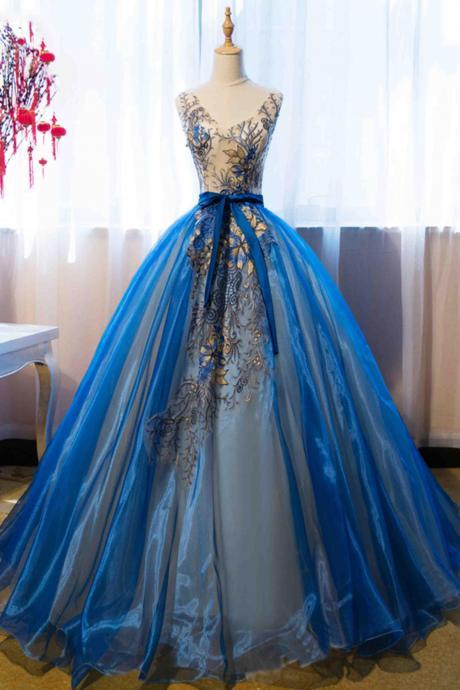 Blue Quinceanera Dresses,Organza Prom Gown,V-neck Prom Dresses With Appliques,A-line Prom Dress,Ball Gown Dress For Teens