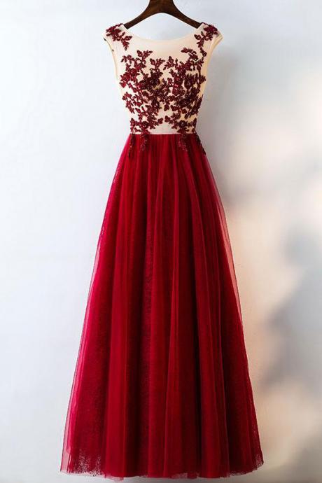 Burgundy Prom Dresses,Tulle Prom Dress,Appliqued Prom Gown,Long Prom Dresses,A Line Evening Dresses