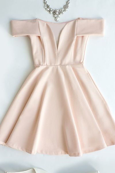 Cute Homecoming Dresses,Off-the-Shoulder Homecoming Dress,Light Pink Prom Dress,V-Neck Evening Dress,Short Party Dresses