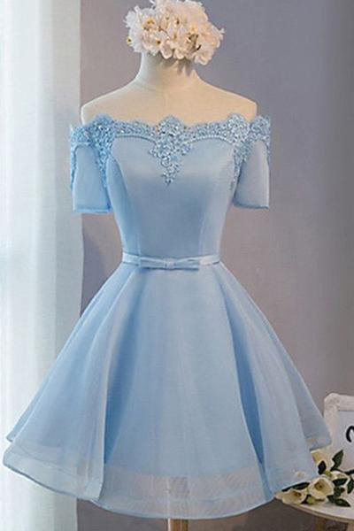 A-line Homecoming Dresses,Off-shoulder Homecoming Dress,Short Prom Dresses,Light Blue Homecoming Dresses