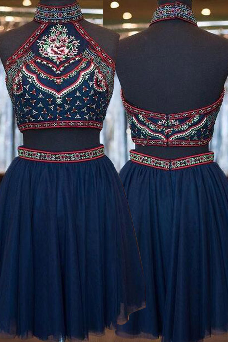 Boho Homecoming Dress,Chic Homecoming Dresses,Two-piece Homecoming Dresses,High Neck Homecoming Dress,Short Prom Dress,Navy Blue Tulle Homecoming Dress with Embroidery