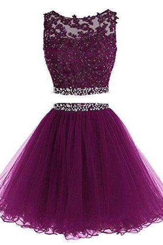 Two Piece Homecoming Dress,Tulle Homecoming Dresses,Short Prom Dress,Purple Homecoming Dresses,2 Piece Prom Dresses,Beaded Homecoming Dresses