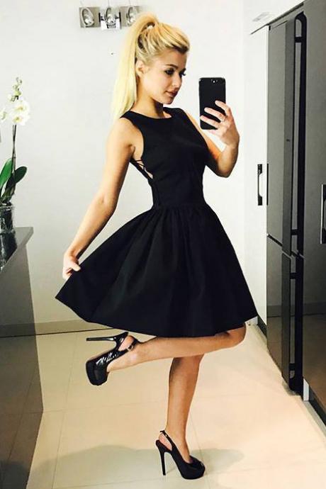Modern Homecoming Dresses,A-Line Homecoming Dress,Jewel Homecoming Dresses,Black Homecoming Dress,Criss Cross Prom Dress,Satin Homecoming Dress,Short Homecoming Dress With Pleats