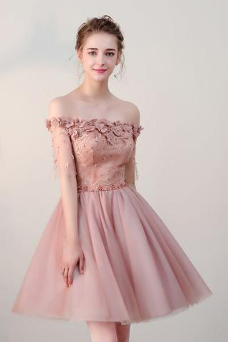 Chic Homecoming Dresses,short Homecoming Dress,pearl Pink Homecoming Dresses,off-the-shoulder Homecoming Dress,tulle Prom Dresses, Prom Dress