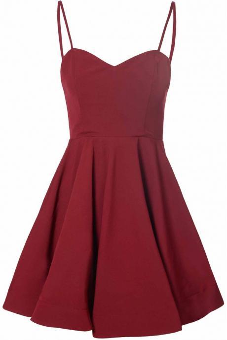 Simple Prom Dresses,A-Line Homecoming Dress,Spaghetti Straps Prom Dresses,Satin Prom Gown,Burgundy Homecoming Dresses,Short Homecoming Dress With Pleats
