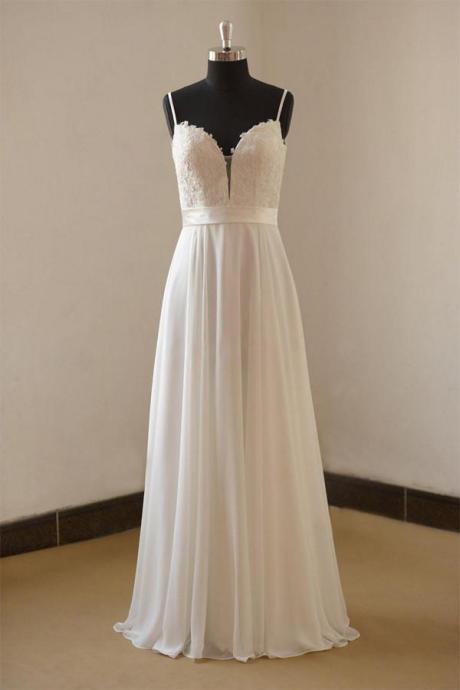 Vintage Wedding Dresses,A-line Wedding Gown,Spaghetti Straps Wedding Dress,Long Wedding Dresses,White Bridal Dresses,Chiffon Wedding Dresses