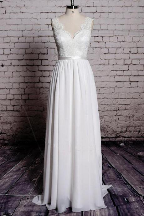 A-line Wedding Dresses With Lace,V-Neck Wedding Dress,Backless Wedding Dresses,Chiffon Wedding Dresses,Long Wedding Dress