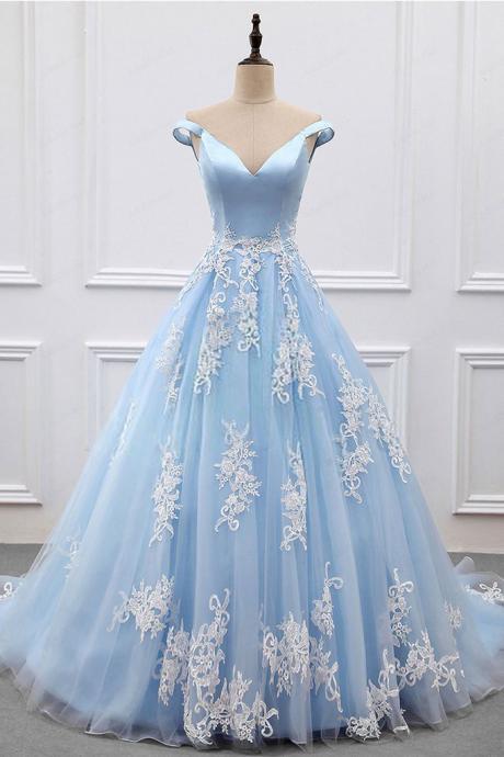 Sky Blue Prom Gown,appliques Prom Dress,charming Prom Dresses,2018 Prom Dresses,ball Gown Prom Dresses,formal Women Dress
