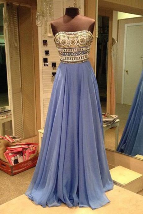 Blue Prom Dresses,chiffon Prom Gown,strapless Prom Dresses,beading Prom Dress,long Prom Dresses,a-line Party Dresses