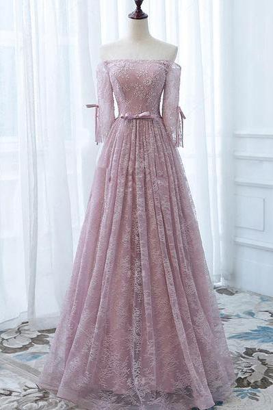 Pink Prom Dresses,Lace Orin Gown,Long Prom Dress,Off the Shoulder Prom Dresses,Long Bridesmaid Dress PD060