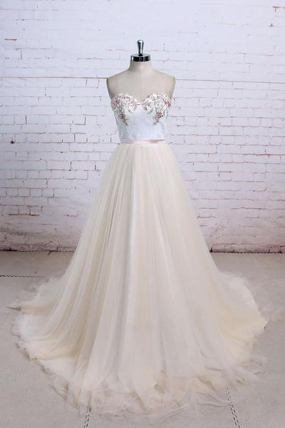 Light Champagne Prom Dresses,Tulle Prom Dresses,Long Prom Dress,Lace Prom Dresses,Sweetheart Prom Gown,A Line Prom Gown