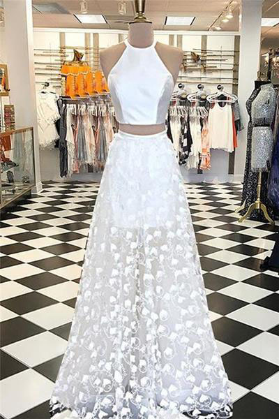 Two Piece Prom Dresses,A-line Prom Dress,Jewel Evening Dress,White Prom Gown,Floor-length Prom Dresses,Appliques Prom Dress