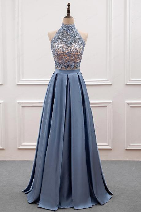 Two Pieces Prom Dresses,Lace Prom Dress,Long Prom Dresses,High Neck Prom Dresses,Formal Evening Dress,A Line Evening Dresses,Blue Prom Gowns,Formal Women Dress