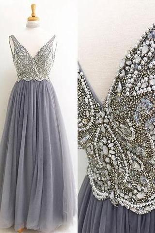 A-Line Prom Gown,V-Neck Prom Dress,Gray Prom Dresses,Tulle Prom Gown,Long Prom Dress with Beading,Long Prom Dresses