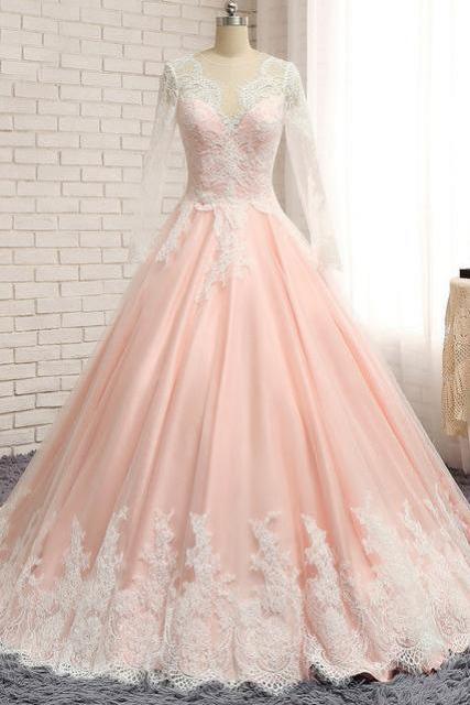 Long Sleeves Prom Dresses,ball Gown Prom Dress,v Neck Prom Dress,applique Prom Gown, Prom Dress,long Evening Dresses