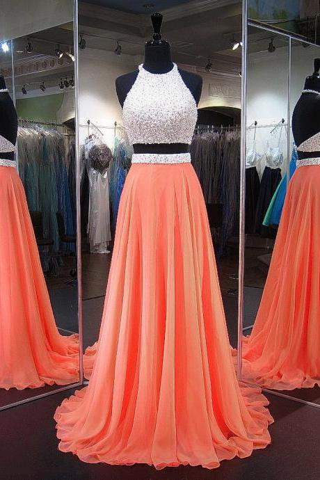 Perfect Prom Dress,A-line Prom Dress,Halter Prom Gown,Chiffon Prom Dresses,Crystal Prom Dress,Backless Prom Dress,Two Piece Prom Dresses