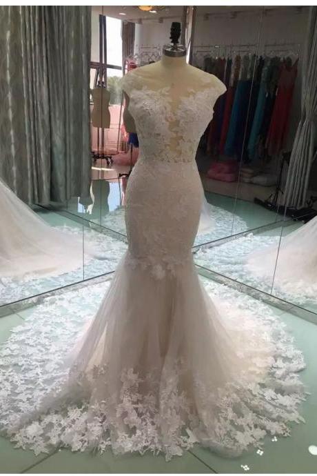 Mermaid Wedding Dresses,Pink Wedding Dress,Tulle Wedding Gown,Lace Bridal Dress,Appliques Wedding Dress