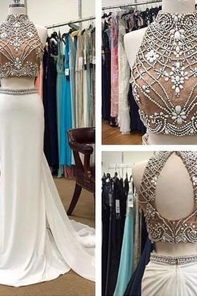 Mermaid Prom Dresses,High Neck Prom Gown,Sweep Train Prom Dress,Beading Prom Dresses,Two Piece Prom Dress