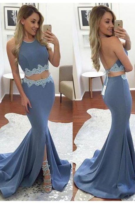  Sexy Prom Dress,Two Pieces Prom Gown,Mermaid Evening Dresses,Long Party Dresses,Backless Prom Dress,Blue Prom Dress,Custom Prom Dresses,Cheap Formal Dress