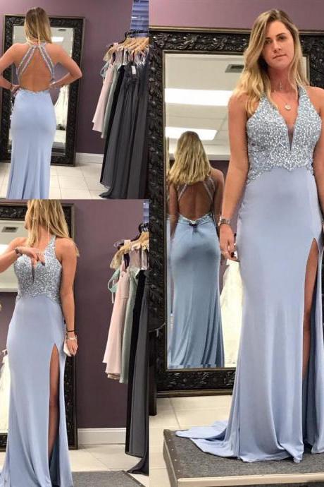  Sexy Evening Gown,Sheath Prom Dress,Mermaid Prom Dresses,Light Blue Prom Dress,Beaded Prom Dress,V-Neck Party Dress,Open Back Evening Dress
