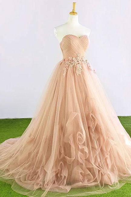 Champagne Prom Dresses,Sweetheart Prom Dress,Tulle Prom Dress,Long Prom Dress,A Line Evening Dress 