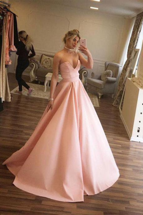 Unique Prom Dresses,Ball Gown Prom Dresses,Strapless Prom Dress,Pink Prom Gown,Long Evening Dress,Satin Evening Dresses