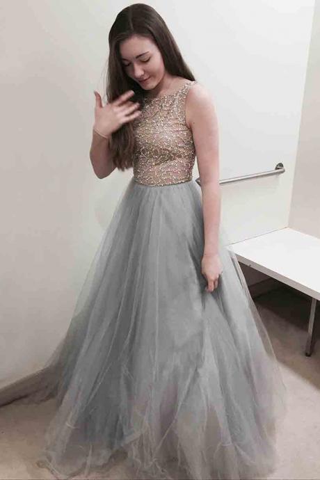 Princess Prom Dresses,Scoop Neck Prom Gown,Tulle Prom Dress,Floor-length Evening Dress,Beading Prom Dresses,Gray Prom Dress