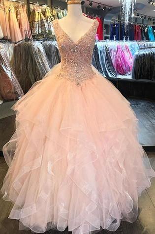 Pink Prom Dresses,Tulle Prom Gown,V neck Prom Dresses,long Prom Dress With ruffles,Formal Prom Dress,Beaded Evening Dresses DS11