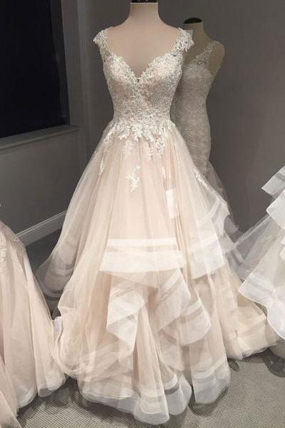 A Line Prom Dresses,Lace Prom Gown,Long Prom Dress,V Neck Wedding Dress,Ruffles Bridal Dress DS12