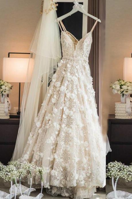 A-Line Wedding Dress,Spaghetti Straps Bridal Dresses,Sweep Train Wedding Dress,Ivory Bridal Gown,Lace Wedding Dress WD41