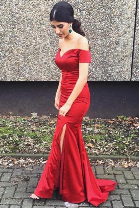 Sexy Prom Dress,Mermaid Prom Dresses,Off-the-shoulder Prom Gown,Prom Dress With Sweep Train, Split Front Prom Dress,Short Sleeve Prom Dresses,Red Prom Dress DS52